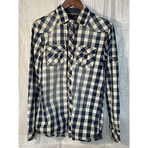 Buffalo David Bitton Mens M Blue Cream Gingham Plaid Long Sleeve Button Up Shirt